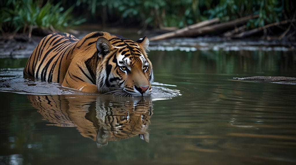 A tiger cooling off in the water with a perfect reflection